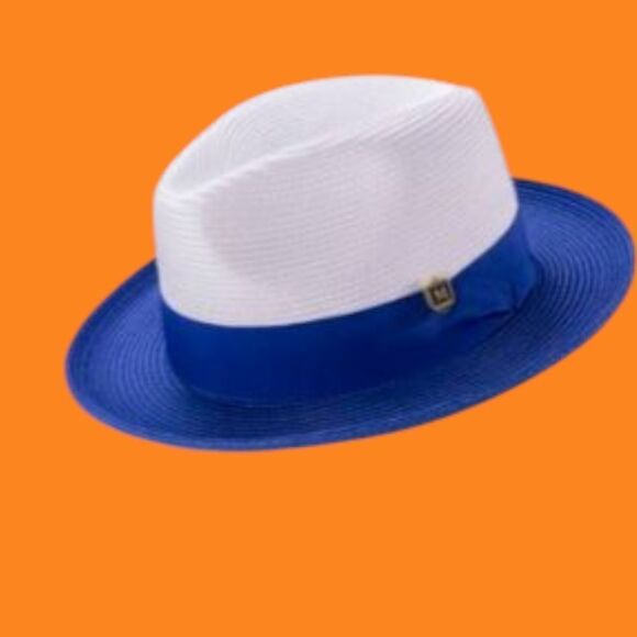 MONTIQUE ROYAL TWO-TONE WIDE BRIM W/MATCHING GROSGRAIN RIBBON STRAW FEDORA. H47 - Picture 1 of 2